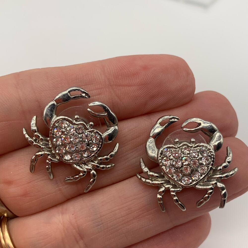 Silver Tone Crab Pierced Earrings with Rhinestones - Picture 5 of 8